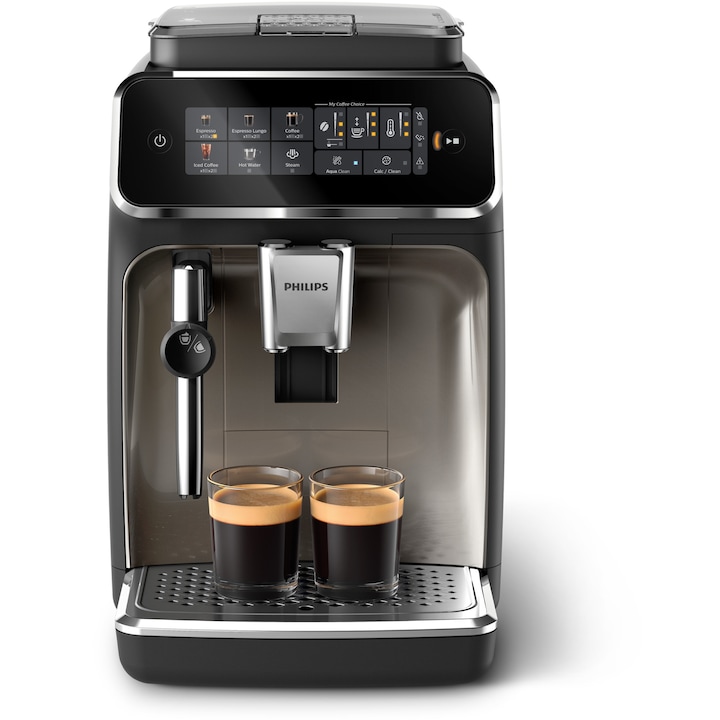 Espressor automat Philips seria 3300 EP3326/90, sistem clasic de spumare, 5 tipuri de bauturi, ecran tactil intuitiv, tehnologie noua SilentBrew, aplicatie Coffee+, negru/auriu