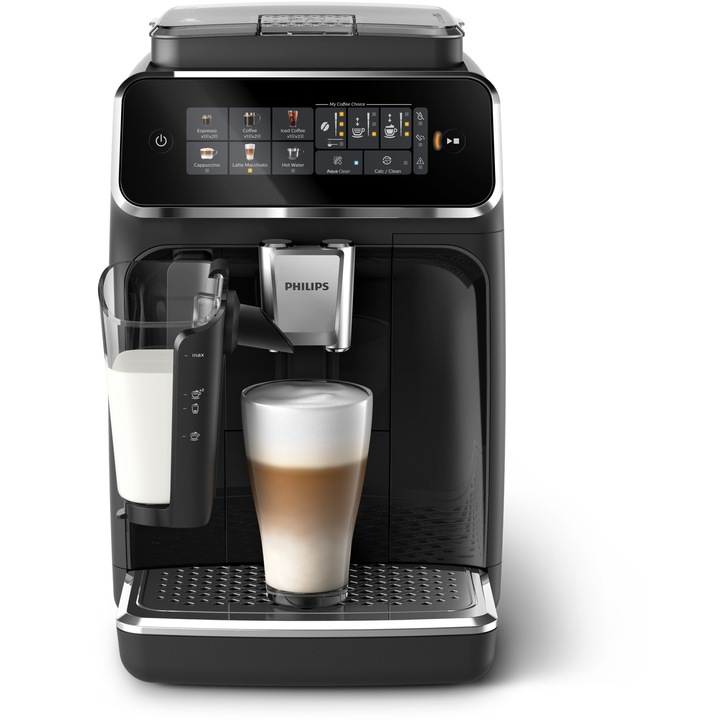 Кафеавтомат Philips серия 3300 EP3341/50, LatteGO, 6 вида напитки, Интуитивен сензорен екран, Нова технология SilentBrew за безшумно приготвяне, Приложение HomeID, Керамична мелничка, Черен