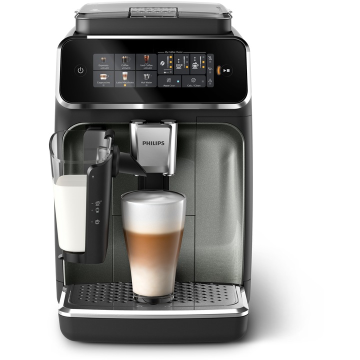 Кафеавтомат Philips серия 3300 EP3349/70, Система за мляко LatteGO, 6 вида напитки, Интуитивен сензорен екран, Нова технология SilentBrew за безшумно приготвяне, Приложение HomeID, Керамична мелничка, Черен/Сребрист
