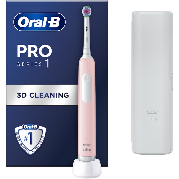 Електрическа четка за зъби Oral-B Pro 1, 3D почистване, 1 програма, 1 глава за четка, Комплект за пътуване, Розов