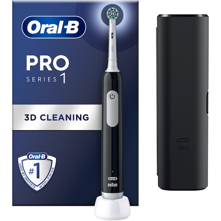 Електрическа четка за зъби Oral-B Pro 1, 3D почистване, 3 програми, 1 глава за четка, Комплект за пътуване, Черен