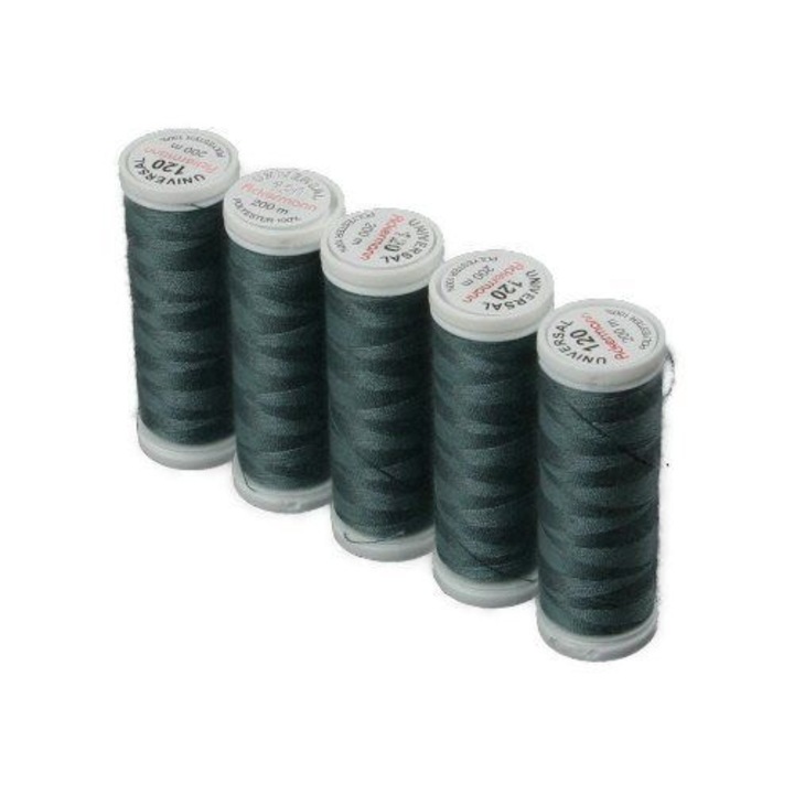 Ata universala de cusut Ackermann, 5 papiote, gri albastrui, 100% poliester, 200 m/bobina, finete 120, pentru ace cu finete 70-80
