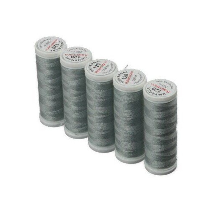 Ata universala de cusut Ackermann, 5 papiote, gri deschis mat, 100% poliester, 200 m/bobina, finete 120, pentru ace cu finete 70-80