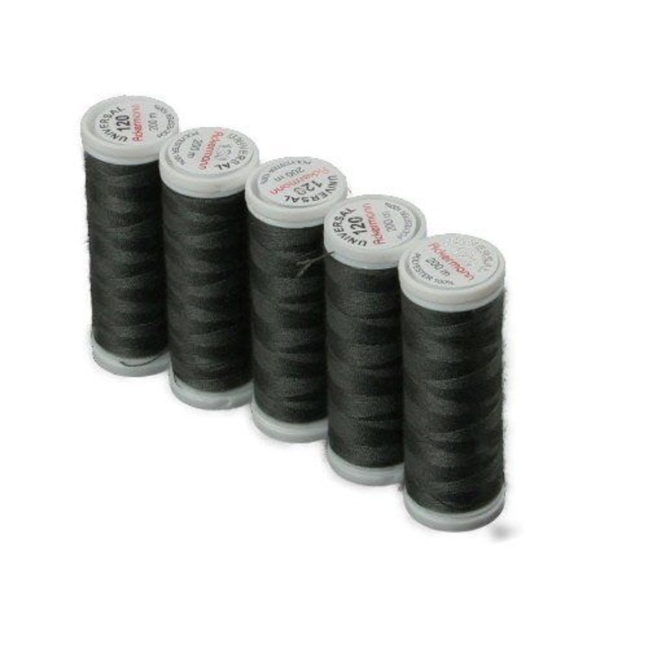 Ata universala de cusut Ackermann, 5 papiote, gri antracit, 100% poliester, 200 m/bobina, finete 120, pentru ace cu finete 70-80