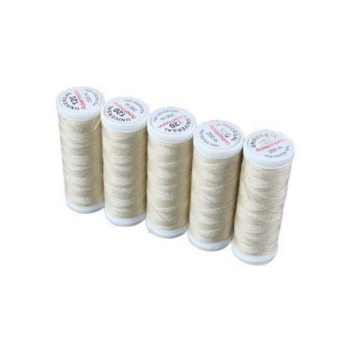 Ata universala de cusut Ackermann, 5 papiote, bej, 100% poliester, 200 m/bobina, finete 120, pentru ace cu finete 70-80