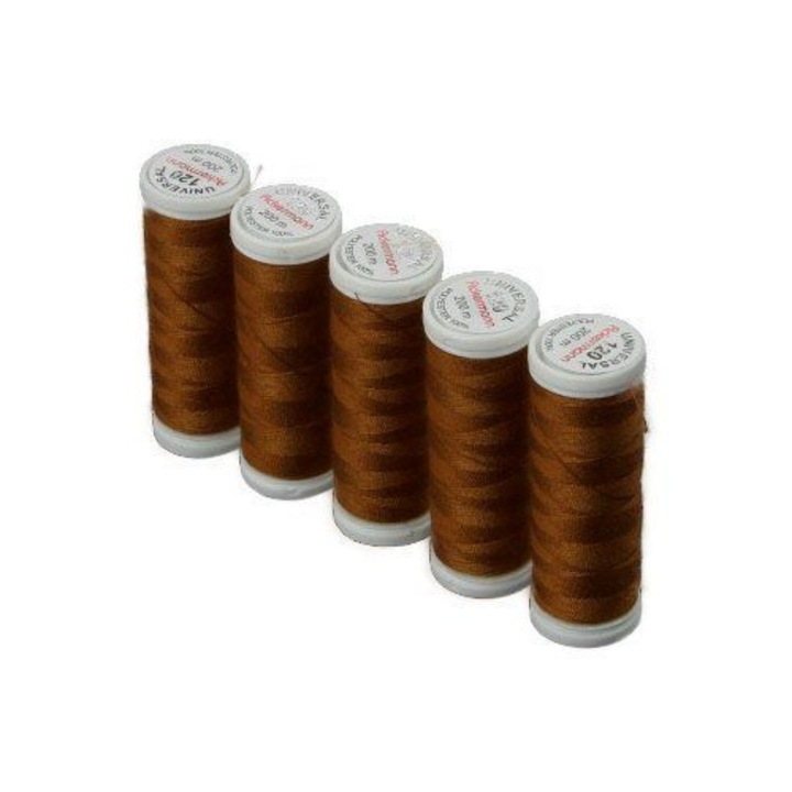 Ata universala de cusut Ackermann, 5 papiote, maro deschis, 100% poliester, 200 m/bobina, finete 120, pentru ace cu finete 70-80