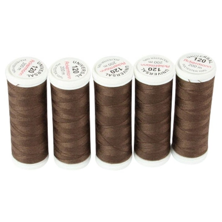 Ata universala de cusut Ackermann, 5 papiote, maro inchis, 100% poliester, 200 m/bobina, finete 120, pentru ace cu finete 70-80