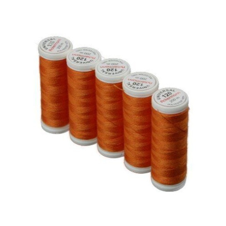 Ata universala de cusut Ackermann, 5 papiote, portocaliu deschis, 100% poliester, 200 m/bobina, finete 120, pentru ace cu finete 70-80