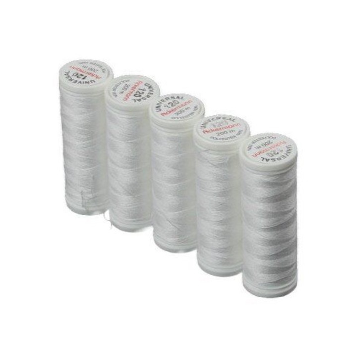 Ata universala de cusut Ackermann, 5 papiote, alb, 100% poliester, 200 m/bobina, finete 120, pentru ace cu finete 70-80