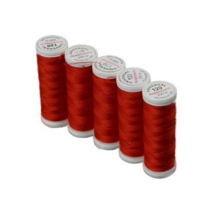 Ata universala de cusut Ackermann, 5 papiote, rosu, 100% poliester, 200 m/bobina, finete 120, pentru ace cu finete 70-80