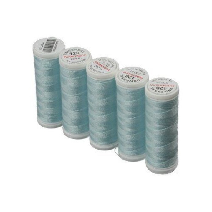 Ata universala de cusut Ackermann, 5 papiote, azuriu, 100% poliester, 200 m/bobina, finete 120, pentru ace cu finete 70-80