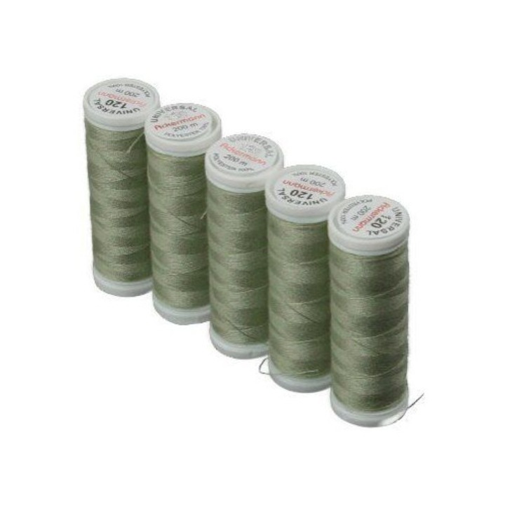 Ata universala de cusut Ackermann, 5 papiote, verde jad, 100% poliester, 200 m/bobina, finete 120, pentru ace cu finete 70-80