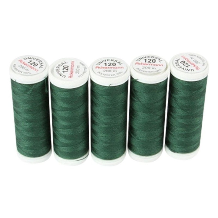 Ata universala de cusut Ackermann, 5 papiote, verde inchis, 100% poliester, 200 m/bobina, finete 120, pentru ace cu finete 70-80