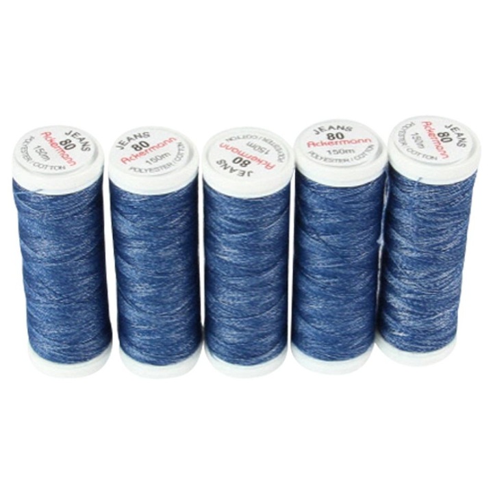 Ata universala de cusut Ackermann, 5 papiote, albastru jeans, 100% poliester, 200 m/bobina, finete 120, pentru ace cu finete 70-80