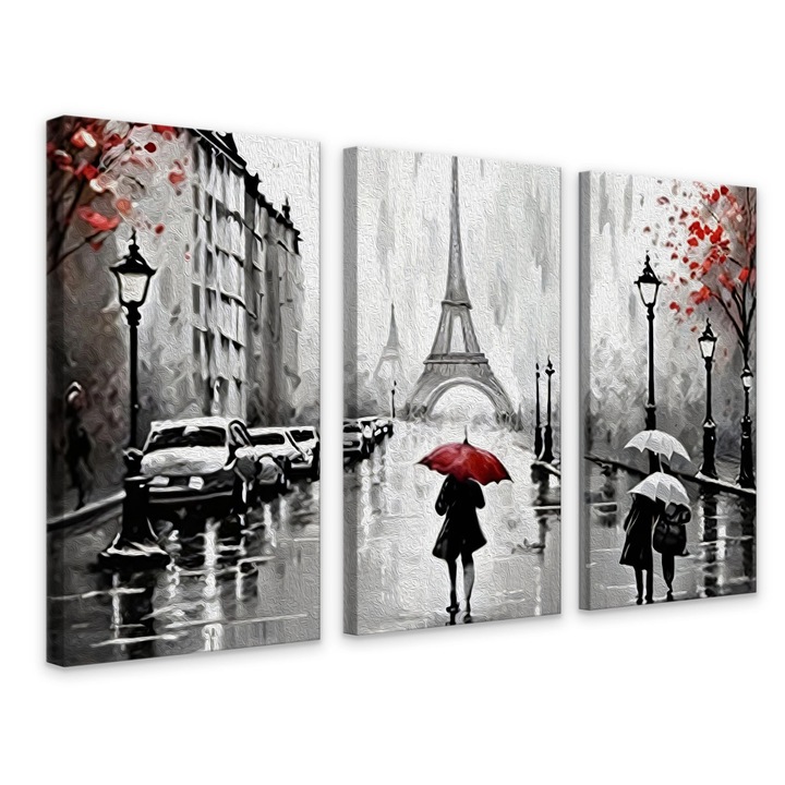 Set 3 tablouri canvas romantic Paris, Turnul Eiffel 120x80cm: 3 piese 80x40cm