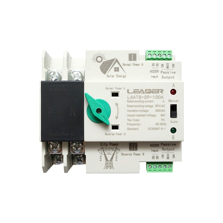 ATS Превключвател, автоматичен разделител от фотоволтаични панели/генератор към мрежа 220V ATS-2P-100A, бял
