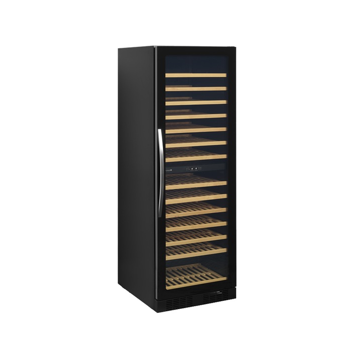 Racitor de vin frameless TEFCOLD, TFW400-2F, H 176 cm, 163 sticle, pentru baruri, magazine, hoteluri, rezidential, 2 zone temperature, panou de control digital, temperatura reglabila, 14 rafturi din lemn, racire ventilata, dezghetare automata, negru