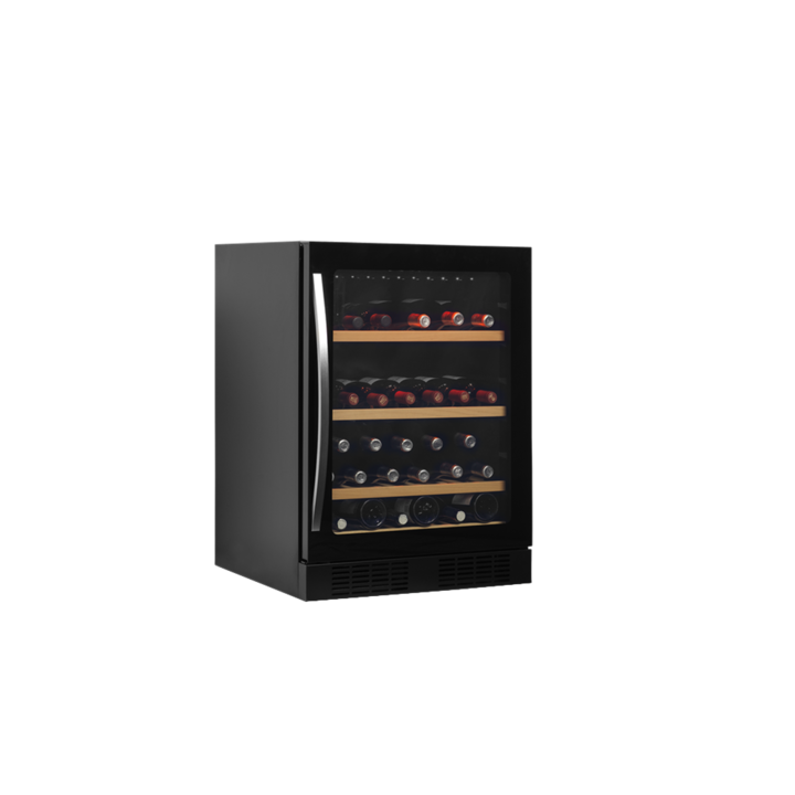 Racitor de vin frameless TEFCOLD, TFW200-F, H 82 cm, 48 sticle, pentru baruri, magazine, hoteluri, rezidential, panou de control digital, temperatura reglabila, 4 rafturi din lemn, racire ventilata, dezghetare automata, lumina LED, negru