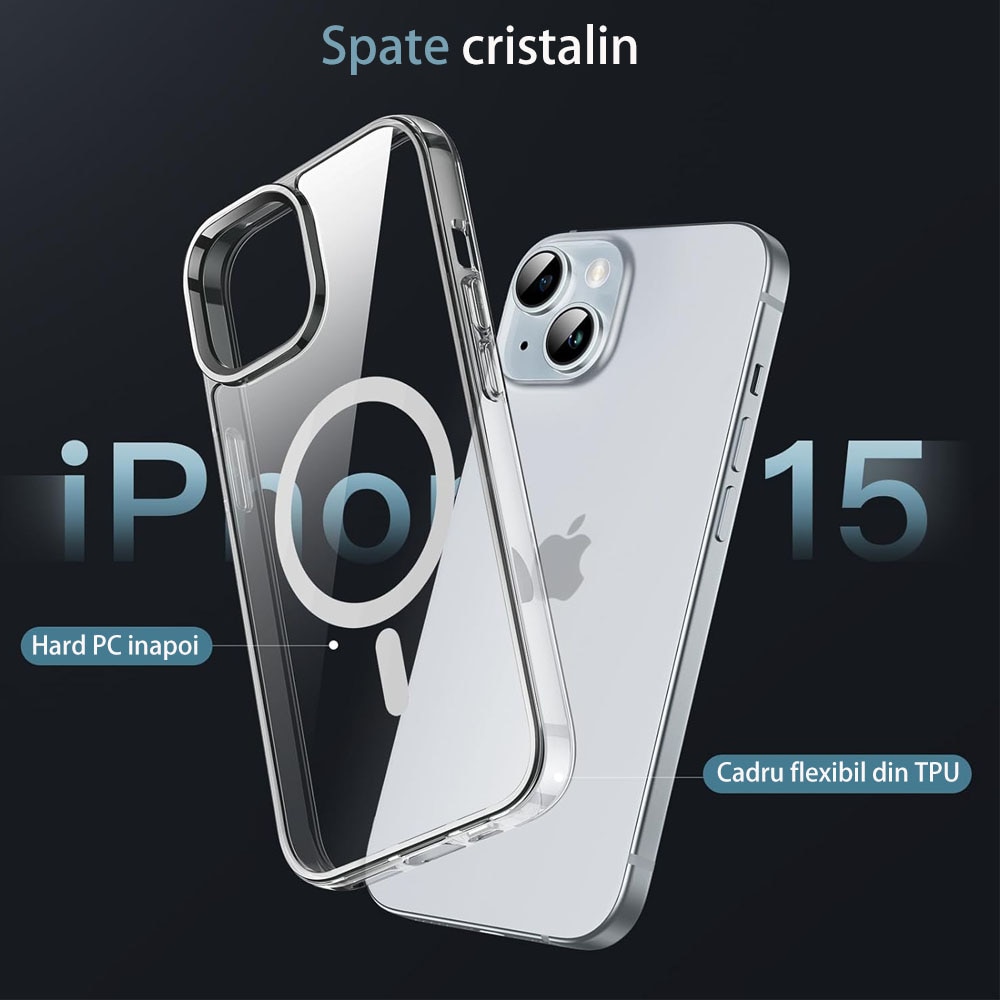 Husa tip, TPU, MagSafe, Compatibil cu iPhone 15, Transparent