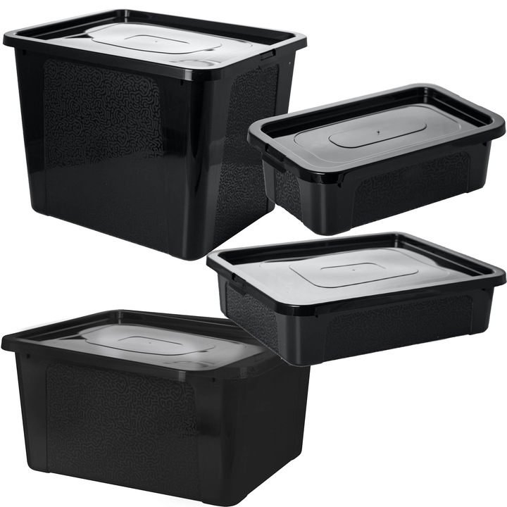 Cutie De Plastic Cu Capac, 4 buc, Edanti, Negru 4.5L, 10L, 20L, 30L