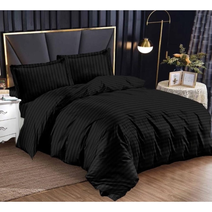 Lenjerie de pat dublu, cearsaf cu elastic, Damasc, 4 piese, Uni, 180x200cm, Negru