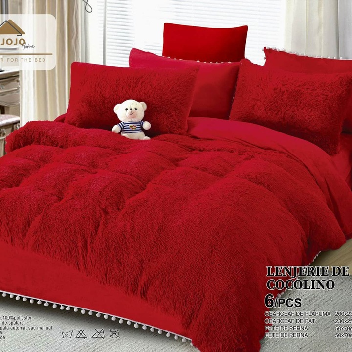 Двоен комплект спално бельо, супер пухкаво коколино, 6 части, червено