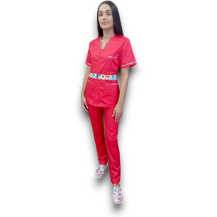 Costum medical de dama AMA Medical Scrubs, Halat fermoar cu insertie florala, rosu, din tercot elastic, Marimea 42
