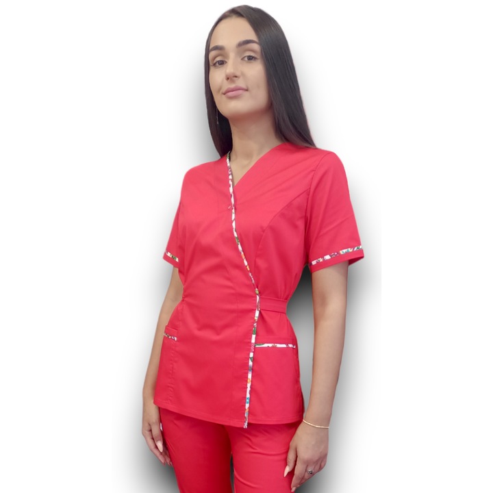 Bluza medicala tercot elastic, Kimono PremiumFlex Rosu, cu insertie florala, Marimea 36, Colectia Halatul meu, AMA Medical Scrubs