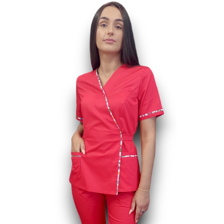 Bluza medicala tercot elastic, Kimono PremiumFlex Rosu, cu insertie florala, Marimea 46, Colectia Halatul meu, AMA Medical Scrubs