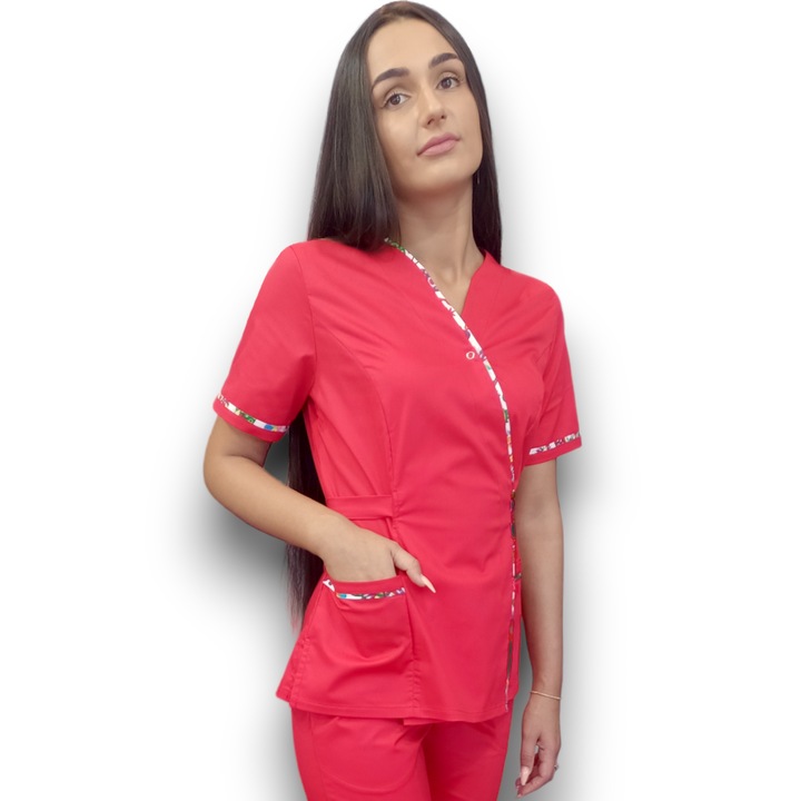 Bluza medicala tercot elastic, Kimono PremiumFlex Rosu, cu insertie florala, Marimea 38, Colectia Halatul meu, AMA Medical Scrubs