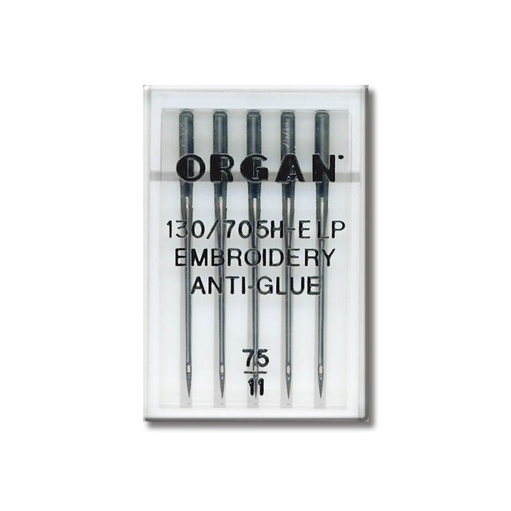 Set 5 ace cusut broderie Organ Embroidery anti-glue, pentru masinile de cusut casnice sistem ac 130/705H, cu finetea acului 75