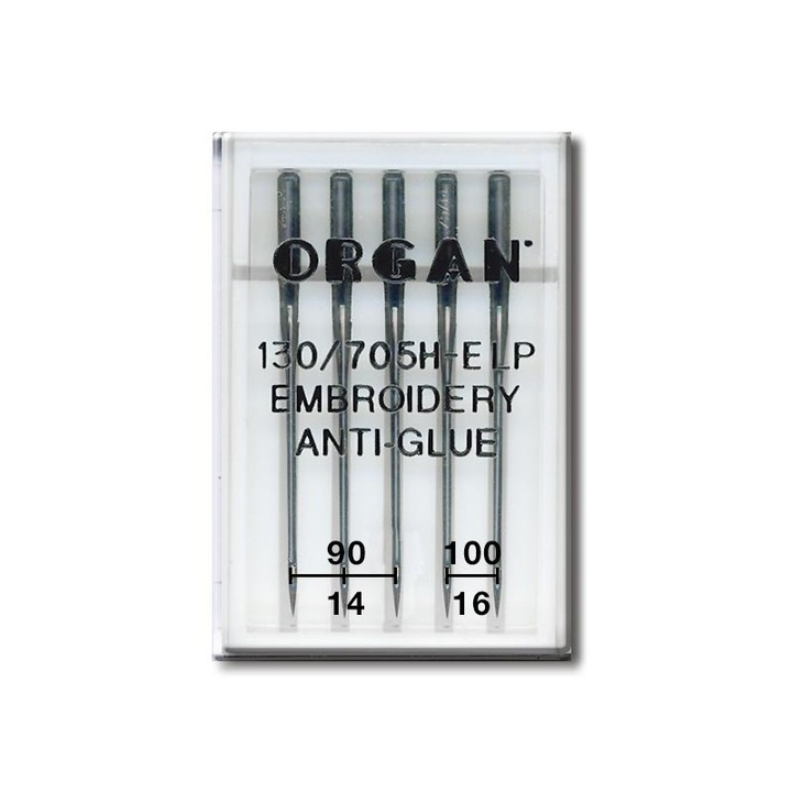 Set 5 ace cusut broderie Organ Embroidery anti-glue, pentru masinile de cusut casnice sistem ac 130/705H, cu finetea acului intre 90-100