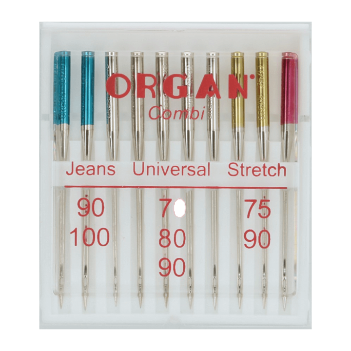 A készlet 10 db Organ Combi box tűt tartalmaz, farmert, Universal és Super Stretch tűket, AC130/705H rendszert