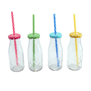 Set 4 cani 250ml din sticla pentru limonada cu capac si paie forma ''sticla lapte'' Set 4 cani 250ml din sticla pentru limonada cu capac si paie forma ''sticla lapte''