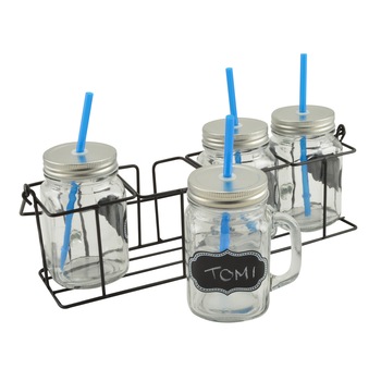 Set 4 cani 500ml din sticla pentru limonada cu capac metal cu paie,in suport metal, inscriptionabil Set 4 cani 500ml din sticla pentru limonada cu capac metal cu paie,in suport metal, inscriptionabil