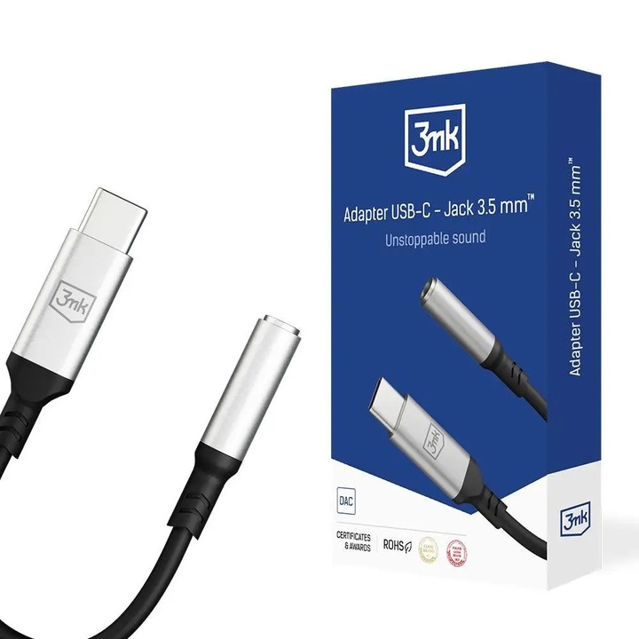 USB-C адаптер, 3MK, 3,5 мм, черен/сребрист