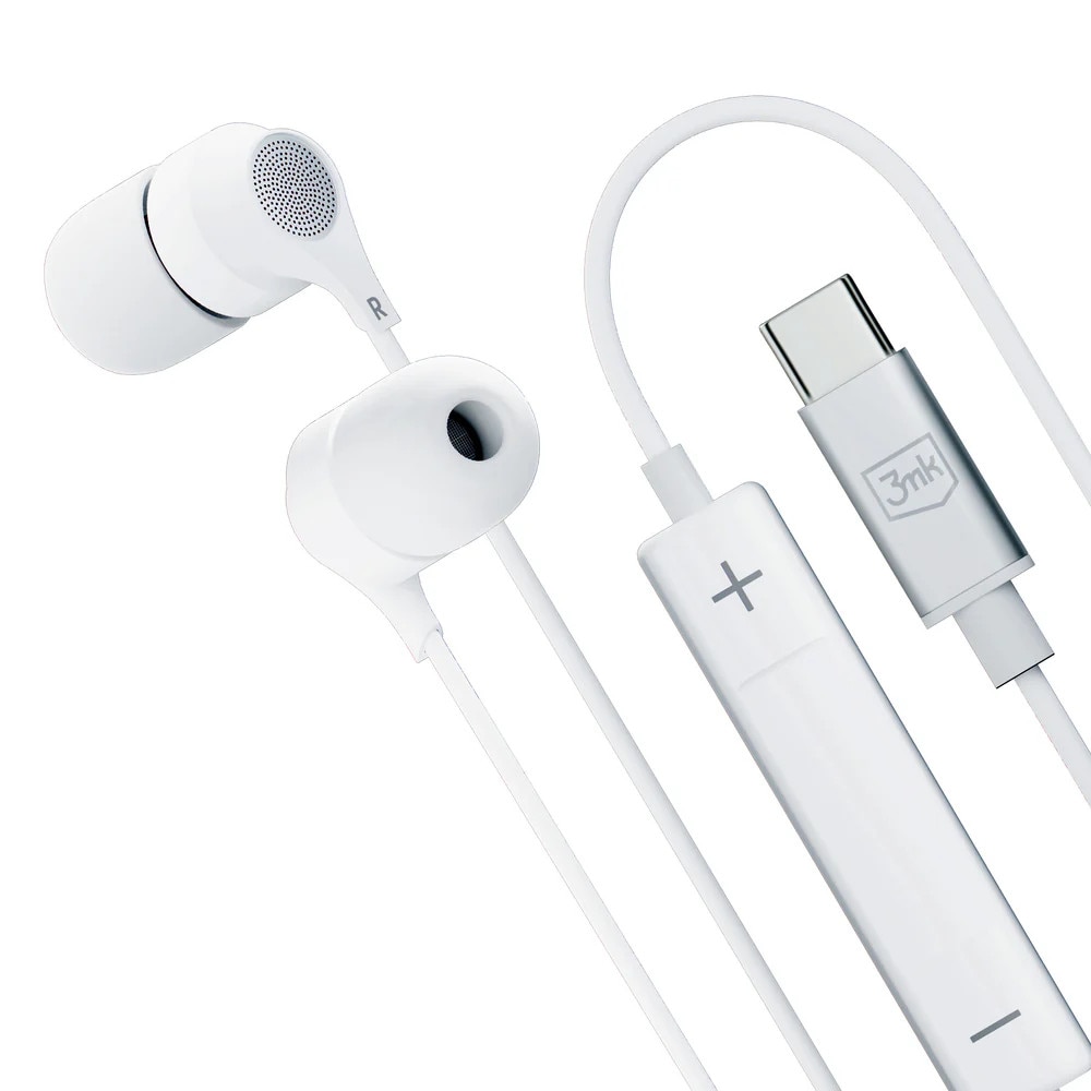 Casti audio cu microfon 3MK Wired, In-ear, Control pe fir, USB-C, Lungime cablu 1.2m, Alb