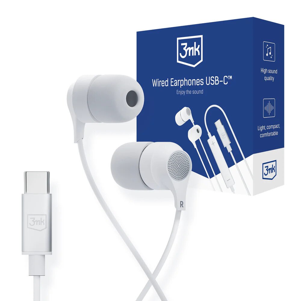 Casti audio cu microfon 3MK Wired, In-ear, Control pe fir, USB-C, Lungime cablu 1.2m, Alb