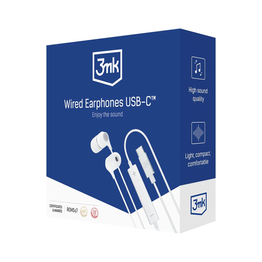 Casti audio cu microfon 3MK Wired, In-ear, Control pe fir, USB-C, Lungime cablu 1.2m, Alb