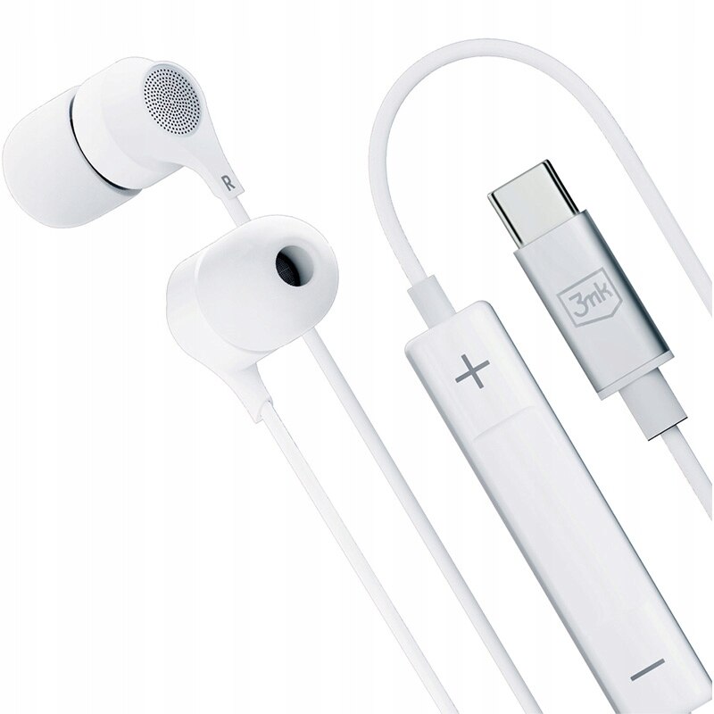 Casti audio cu microfon 3MK Wired, In-ear, Control pe fir, USB-C, Lungime cablu 1.2m, Alb