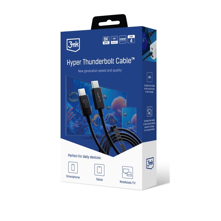 Adat-/töltőkábel, Thunderbolt 3mk, USB-C – USB-C, 8K, 240 W, 1 m, 5 A, fekete