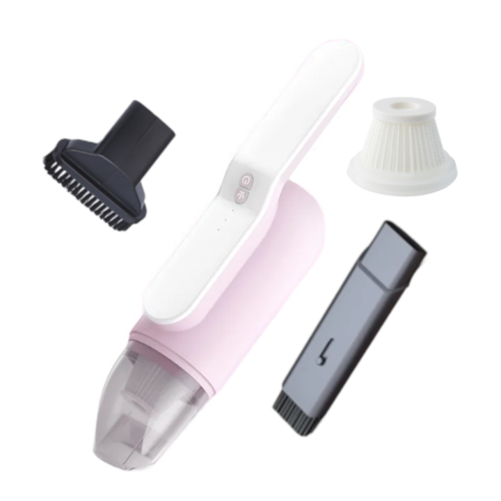 Прахосмукачка за кола или домакинство, 2 в 1, висока всмукателна мощност, с множество четки, преносима, безжична, против акари, UV светлина, филтър, 80W, 13000 Pa, батерия 3000 mAh, розова