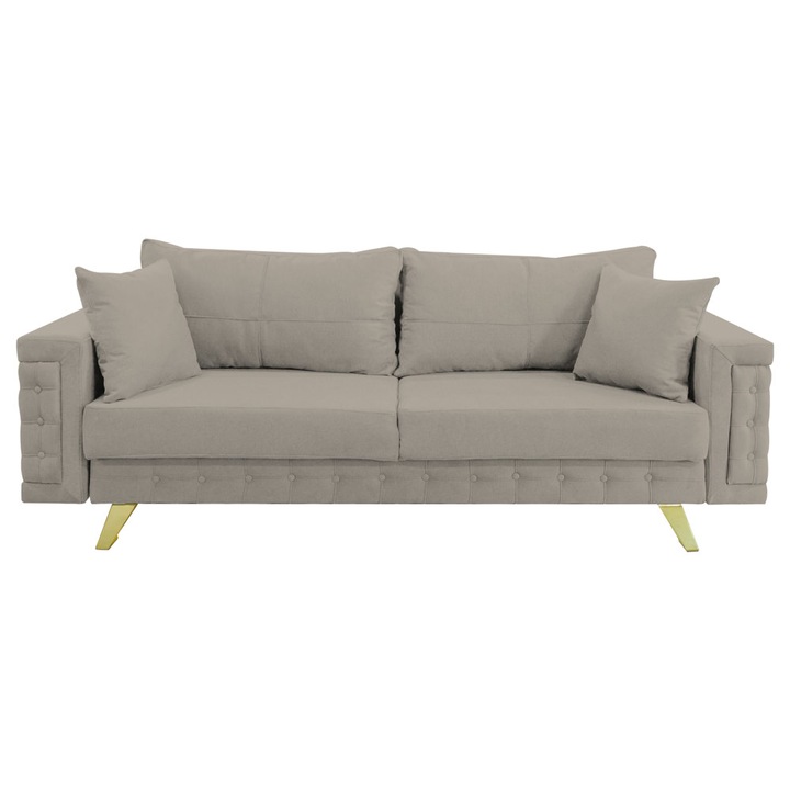 Canapea extensibila Omega, cu lada de depozitare si picioare aurii, stofa p86 gri deschis, 230x105x80
