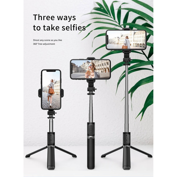 Selfie stick Digital One SP00827, jc-11, Bluetooth, Távirányító, Telefonállvány, Fekete