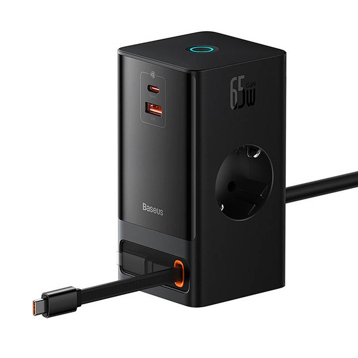 Baseus PowerCombo 65W hálózati töltő / powerstrip, fekete