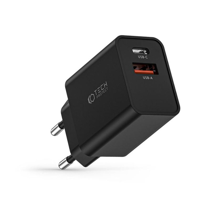 Hálózati töltő TECH-PROTECT NC30W, USB/USB-C, Quick Charge 3.0, tápellátás 30W, fekete