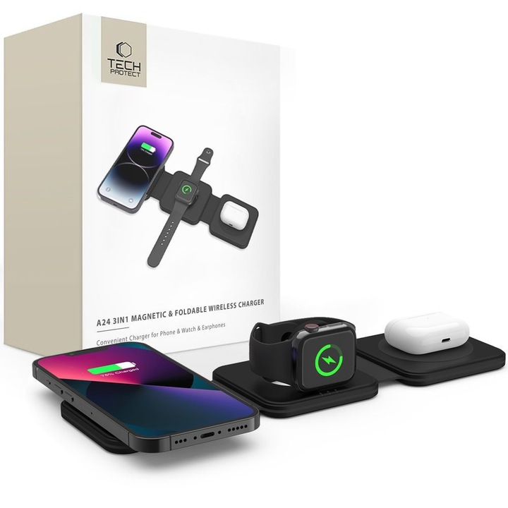 Безжично зарядно устройство 3 в 1 TECH-PROTECT A24, Magnetic MagSafe, 15W, USB-C кабел 1m включен, Черен