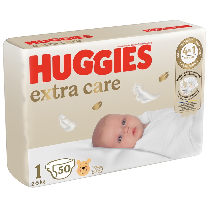 Scutece Huggies Extra Care 1 Jumbo, 2-5 kg, 50 buc