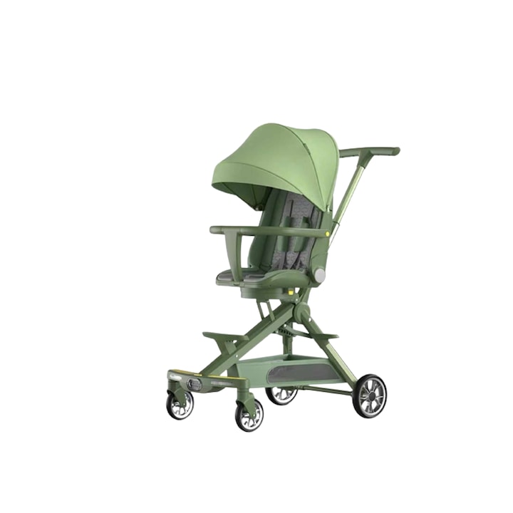 Carucior bebe, cu copertina retractabila pentru protectie UV, 6 si 36 luni, reversibil, pliere compacta tip troler pentru avion, lumini si muzica, verde