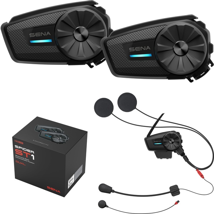 Set 2 interfoane pentru casti moto, Sena, Bluetooth 5.2, Negru, SPIDER-ST1-01D